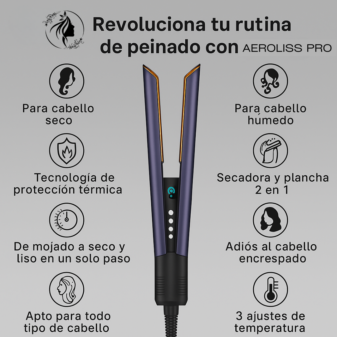 AeroLiss Pro™ – Alisadora y Secadora 2 en 1 para un Cabello Liso, Brillante y Saludable